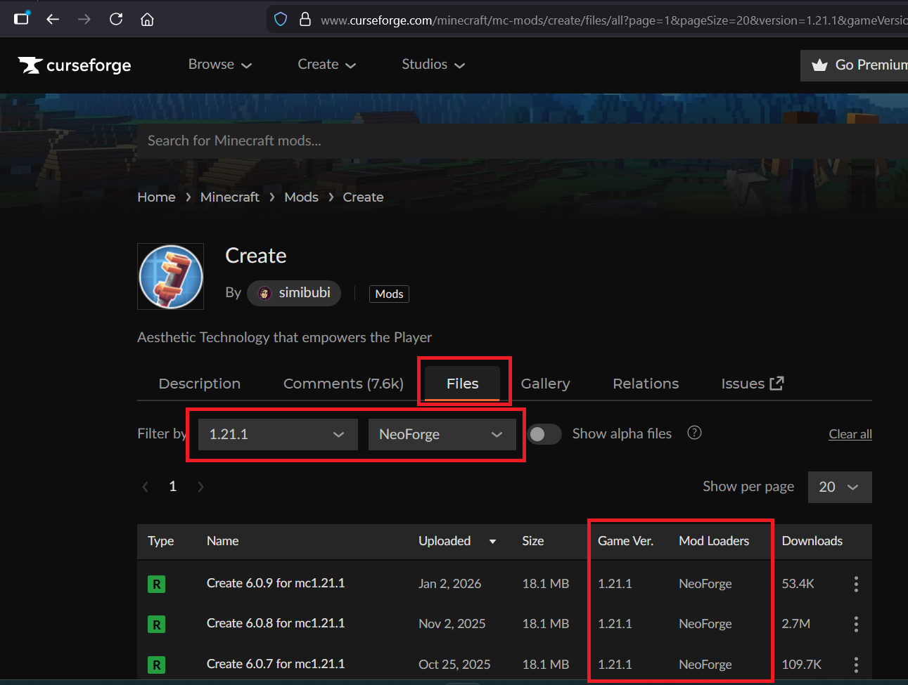 Image of a mod page, file tab, on curse forge