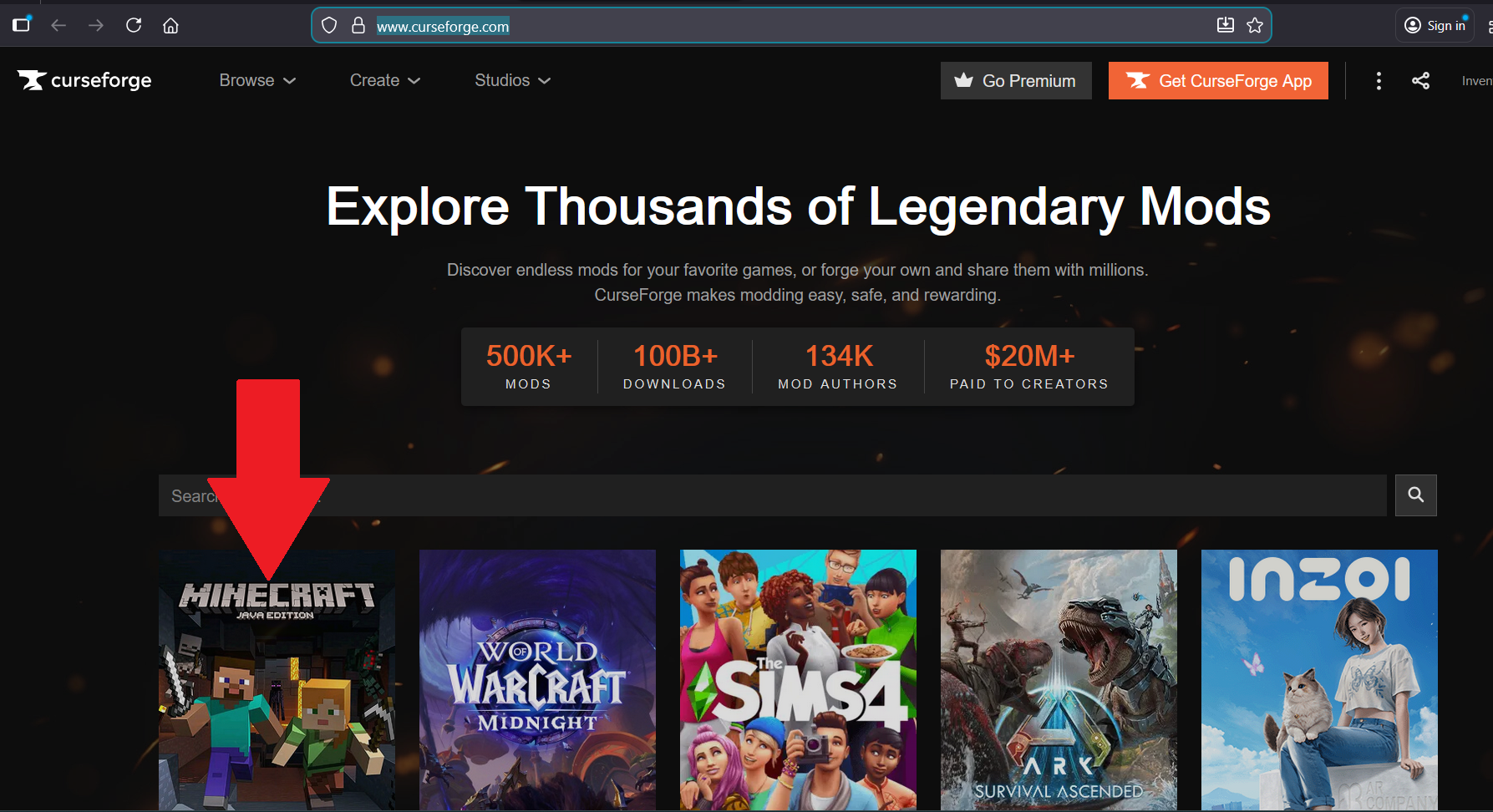 Image of the curse forge landing page