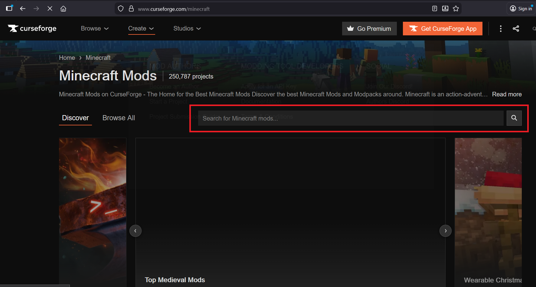 Image of the search field for minecraft mods on curse forge