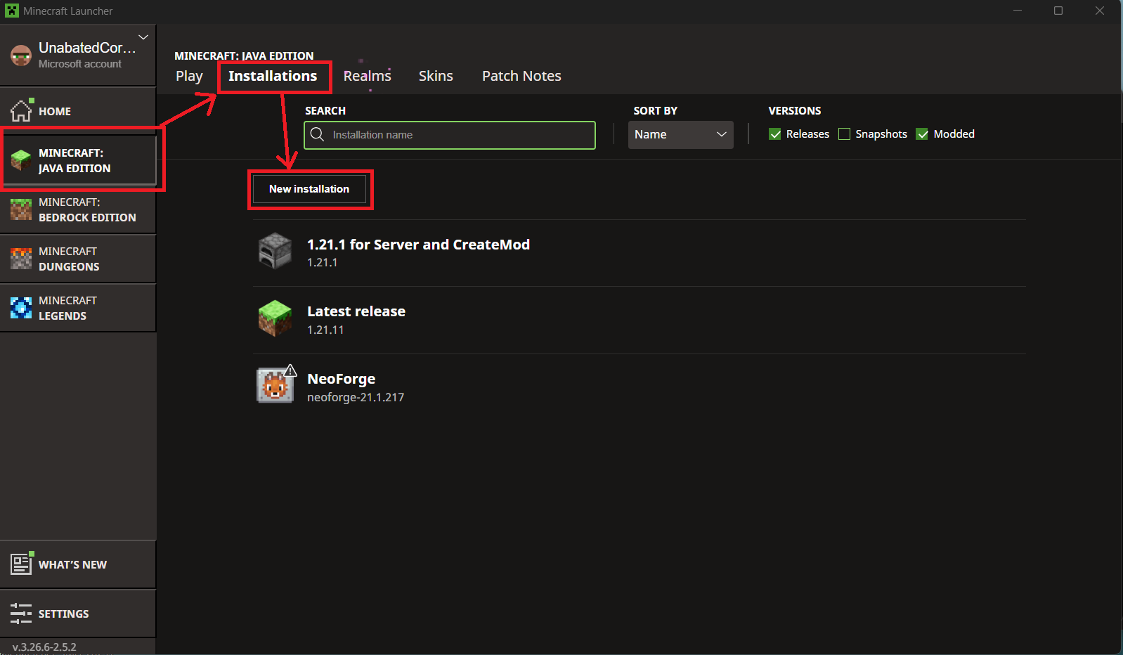 Image of the minecraft launcher for a new java installation