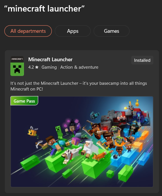 Image of the minecraft launcher in the microsoft store