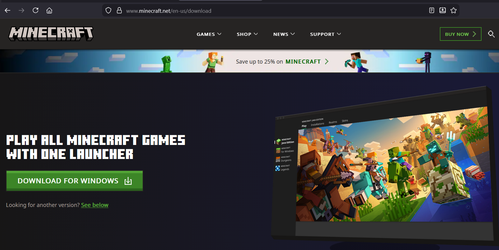 Image of the minecraft launcher from the mojang website