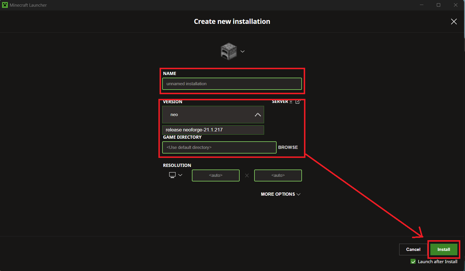 Image of the new installation dialog in the minecraft launcher